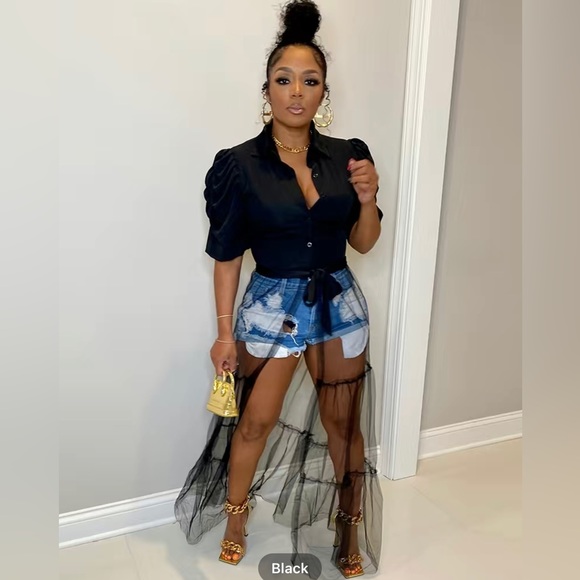 Sexy Short Sleeve Turn Down Collar Tie Mesh Dress - Picture 13 of 13